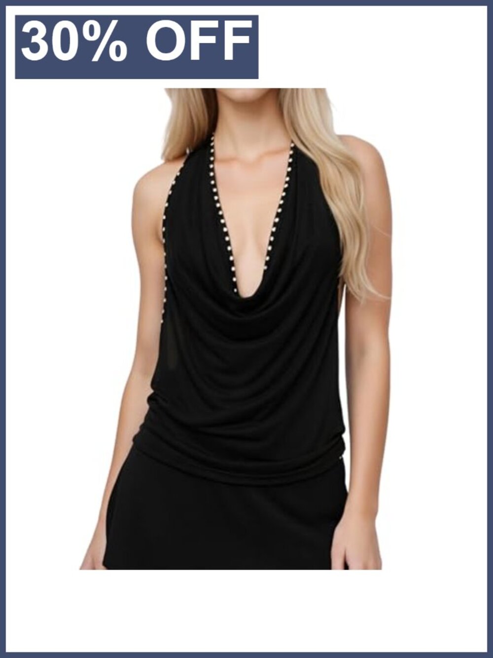 Women's Cowl Neck Halter Top Studded Sleeveless Backless Rave Party